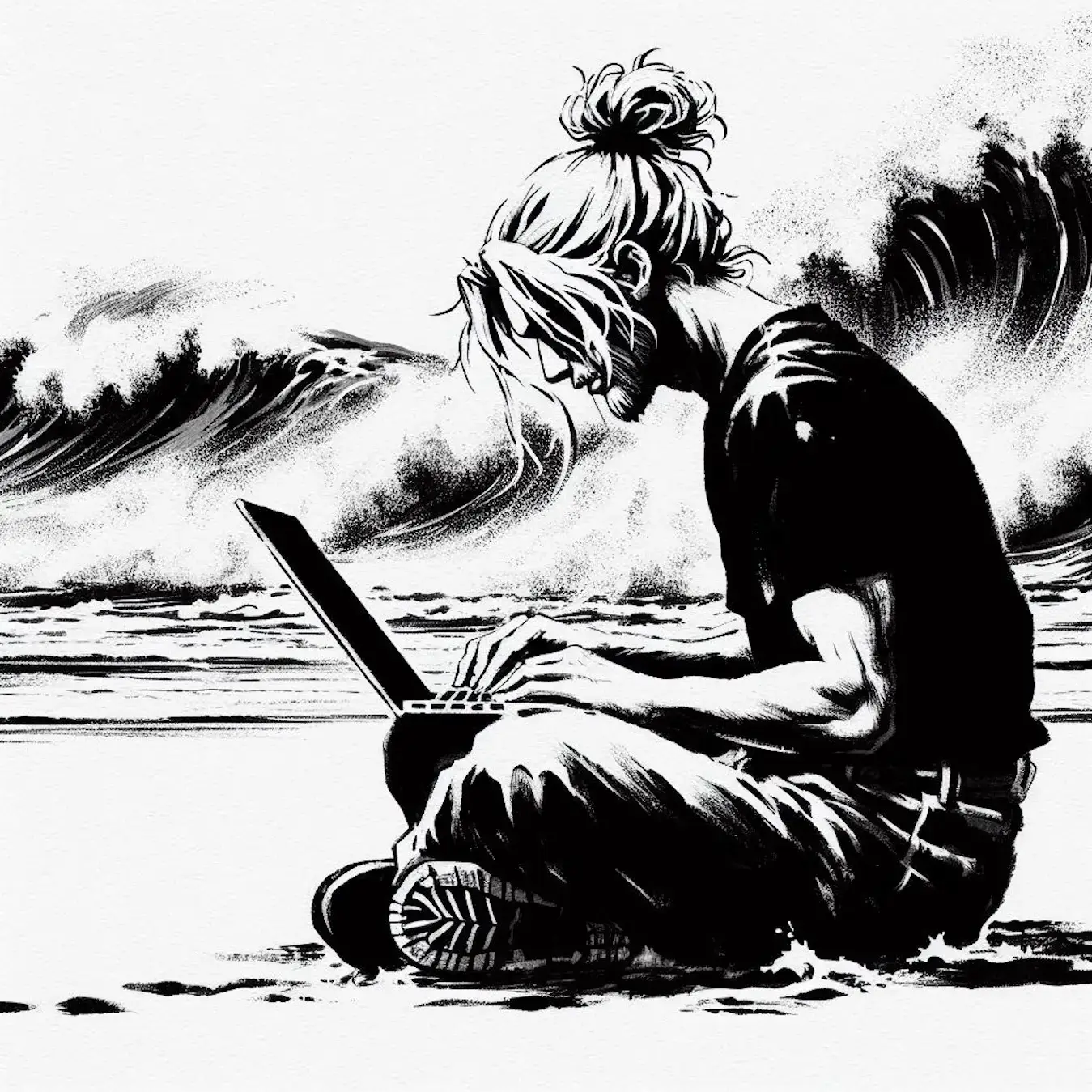 James Garside, journalist, author, and writer. Storyboard - Manga style Zen brush painting of man sat on beach typing on laptop, waves about to hit.